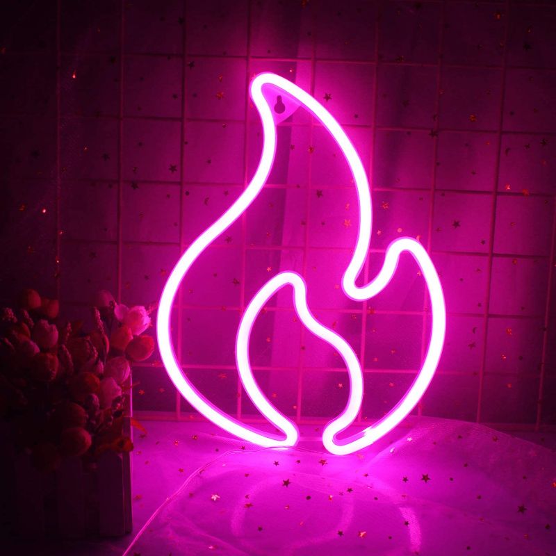 Photo 1 of Flame Shaped Neon Signs LED Neon Lights for Wall Decoration USB or Battery Light up Signs Valentines Gifts for Bedroom Birthday Party (Pink)
