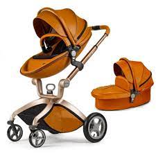 Photo 1 of Hot Mom New Arrival Leather Baby Stroller Baby Car Four Wheels Egg Shape Baby Pram Trolley Brown
