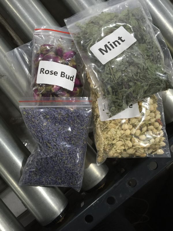 Photo 2 of Dried Flowers and Herbs Accessories Decorations 4 Bags Set Dry Flowers Essential Supplies Rose Buds Lavender Jasmine Mint Scents for Flower Arrangements Crafts Bath Soap Lip Gloss Making
