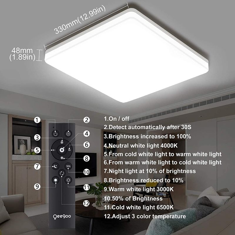 Photo 1 of Oeegoo 13Inch Modern Dimmable LED Flush Mount Ceiling Light Fixtures with Remote Control, 36W 3600LM, Waterproof Square Ceiling Lamp for Bedroom, Living Room, Bathroom, Kitchen, 3000K-6500K Adjustable

