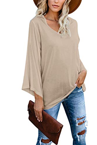 Photo 1 of cordat Women's Long Bell Sleeve T-Shirts Loose V Neck Casual Oversized Tops, KHAKI, SIZE XXL
