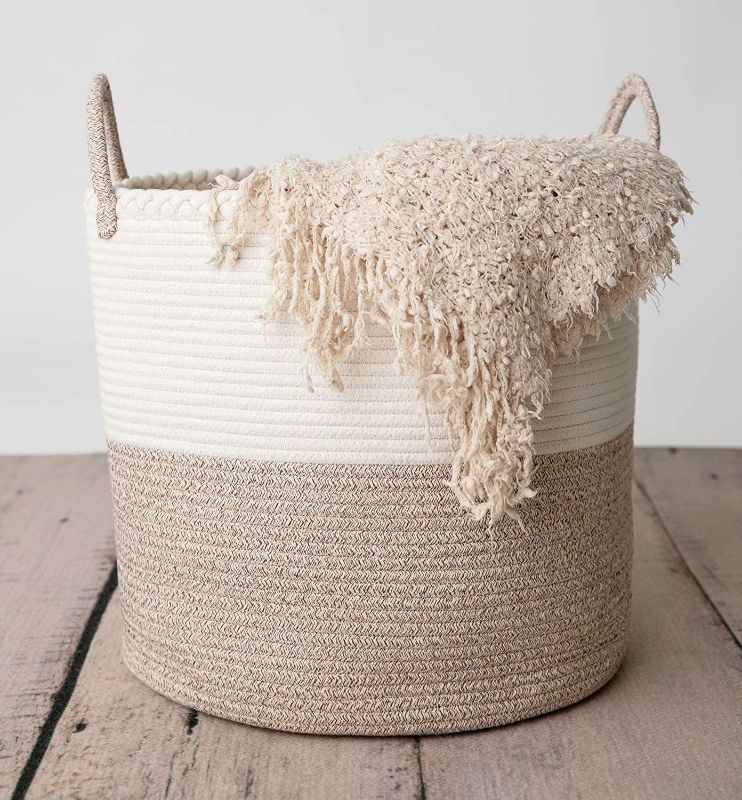 Photo 1 of CHLOÉ + KAI Woven Storage Basket (17.5” x 16”) for Nursery, Laundry, Living Room. Pillows, Toys, Plant Pot, Blanket Basket – Coiled Large Cotton Rope Basket with Handle
