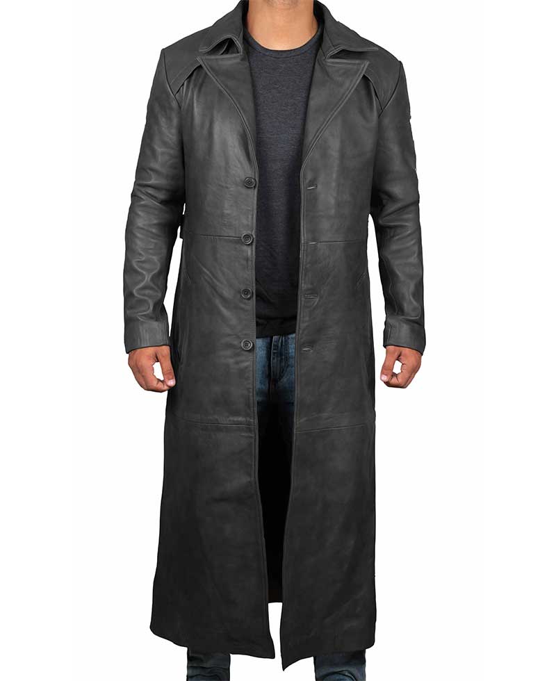 Photo 1 of Mens Leather Trench Coat Full Length Black Classic Faux Leather Long Coat, SIZE XXL
