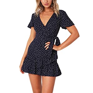 Photo 1 of Relipop Summer Women Short Sleeve Print Dress V Neck Casual Short Dresses, BLUE, SIZE S
