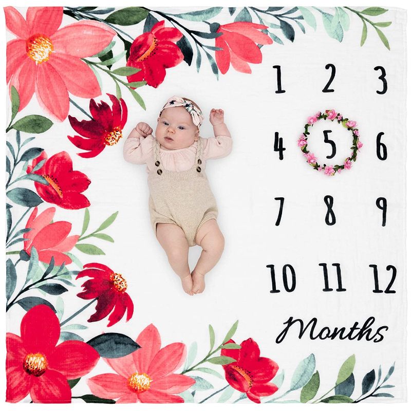 Photo 1 of Organic Baby Monthly Milestone Blanket Girl - Baby Girl Milestone Blanket with Month Marker Floral Wreath Frame - Flower Month Blanket