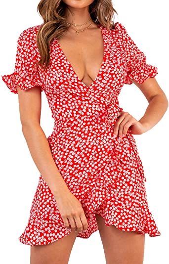 Photo 1 of Relipop Women's Dresses Floral Print Deep V-Neck Short Bell Sleeve Ruffle Wrap Tie Knot Fishtail Short Dress, SIZE M
