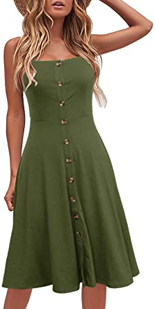 Photo 1 of Berydress Women's Casual Beach Summer Dresses Solid Cotton Flattering A-Line Spaghetti Strap Button Down Midi Sundress, GREEN, SIZE S
