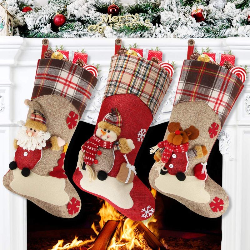 Photo 1 of Aitey Christmas Stocking, 18" Set of 3 Santa, Snowman, Reindeer, Xmas Character 3D Plush with Faux Fur Cuff Christmas Decorations and Party Accessory (Short Hat2)
