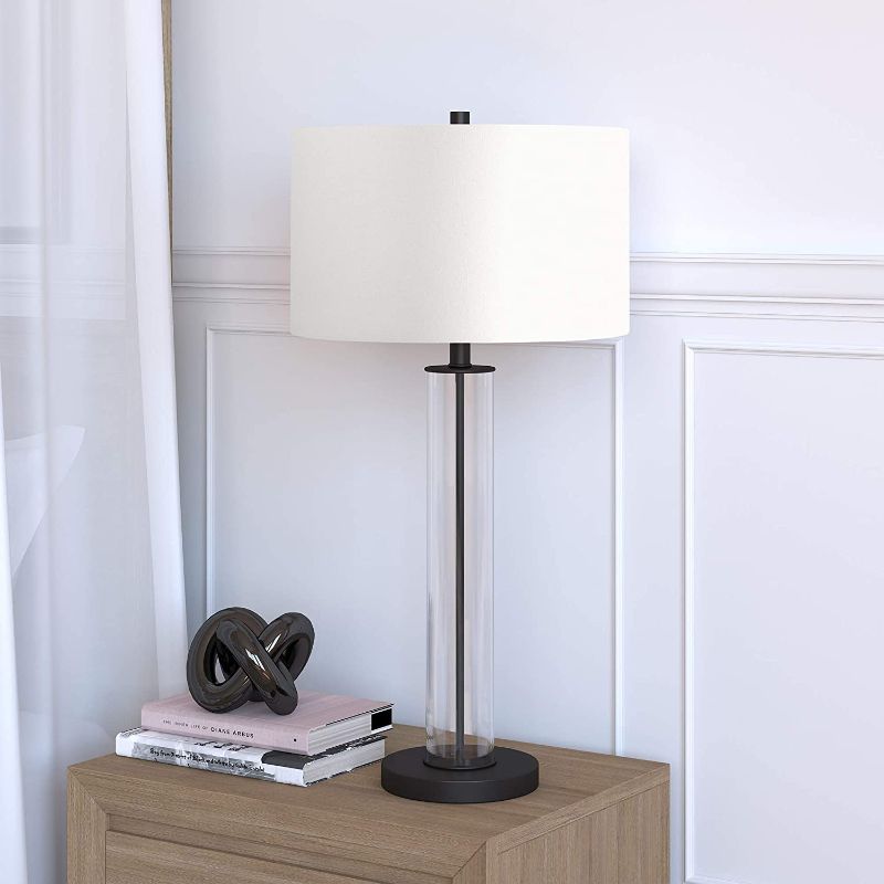 Photo 1 of Henn&Hart Traditional Clear Glass Table Lamp with Fabric Shade in Blackened Bronze
