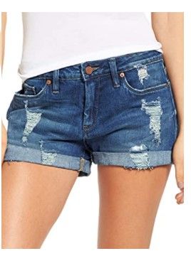 Photo 1 of luvamia Women's Ripped Denim Jean Shorts High Waisted Stretchy Folded Hem Short Jeans Size Small