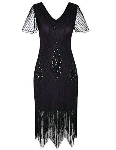 Photo 1 of PrettyGuide Women's 1920s Dress Art Deco Sequin Fringed Flapper Dress L Black Purple