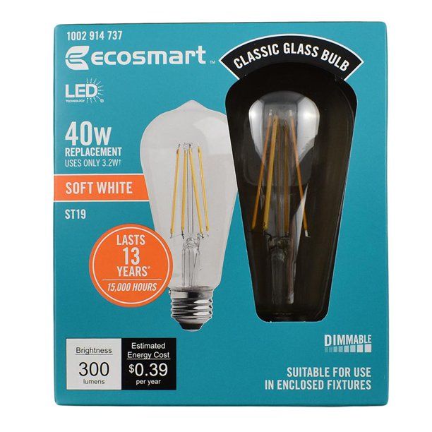 Photo 1 of EcoSmart 40-Watt Equivalent ST19 Dimmable Clear Filament Vintage Style LED Light Bulb Soft White (2-Pack)