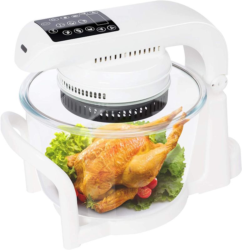 Photo 1 of 7.4 QT Air Fryer Oven, 9-Mode Glass Air Fryer Oven with LED Digital Touch Screen, 1200W Oil-Free Convection with Recipes, Food Stand, Pan Clip, Pizza Pan, White