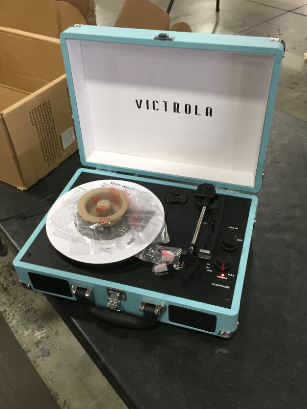 Photo 2 of Victrola Vintage 3-Speed Bluetooth Portable Suitcase Record Player with Built-in Speakers | Upgraded Turntable Audio Sound| Includes Extra Stylus | Turquoise, Model Number: VSC-550BT
