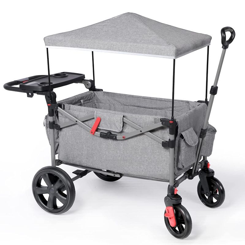 Photo 1 of EVER ADVANCED Foldable Wagons for Two Kids & Cargo, Collapsible Folding Stroller with Adjustable Handle Bar,Removable Canopy with 5-Point Harness