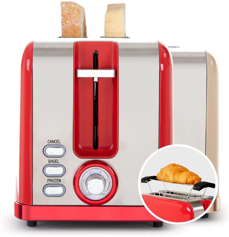 Photo 1 of KOOC Toaster 2 Slice with Warm Rack, Retro Stainless Steel, 1.5" Extra-Wide Slot for Evenly Toast, 6 Shade Settings, Bagel/Defrost/Cancel in 1, High Lift Lever, Removable Crumb Tray, Red
