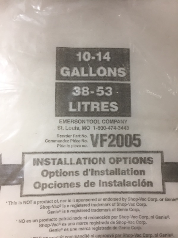 Photo 3 of 3 PACK VACUUM FILTER BAGS, 10-14 GALLONS, VF2005. 