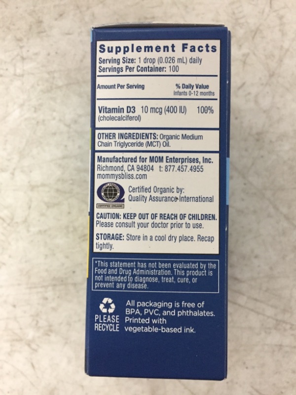 Photo 1 of Mommy's Bliss Organic Drops No Artificial Color, Vitamin D, 0.11 Fl Oz
