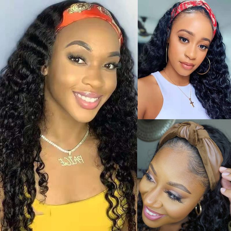 Photo 1 of Headband Wig Deep Water Wave Human Hair Wigs for Black Women None Lace Front Wigs Glueless Machine Made Wigs Scarf Wigs with Headband Deep Curly Hair Band Wig 150% Density 30 Inch

