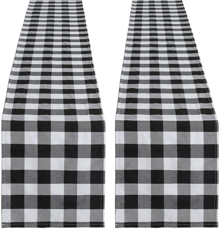 Photo 1 of Black and White Plaid Table Runner 2 Pieces 13 x 108 Inch Buffalo Check Table Runner Wedding Table Runner Christmas Party Outdoor Gathering Decorations
