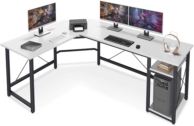 Photo 1 of Coleshome L Shaped Computer Desk 66" with Storage Shelves Gaming L Desk Workstation for Home Office Wood & Metal, White