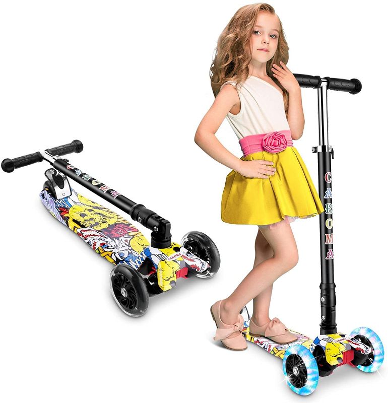 Photo 1 of CAROMA Scooter for Kids, 3 Wheels Toddlers Scooter for Boys & Girls, Adjustable Height, Lean to Steer, Foldable Kids Scooter with Extra-Wide Deck and LED Light Up Wheels, Best Gift for Kids Ages 3-12