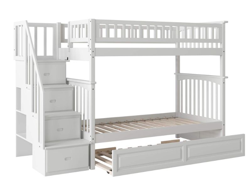 Photo 1 of Atlantic Furniture Columbia Staircase Bunk Twin Size Raised Panel Trundle Bed, Twin/Twin, White
