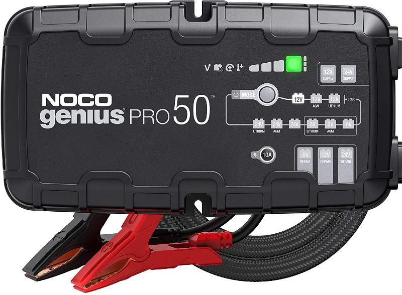 Photo 1 of NOCO GENIUSPRO50, 50-Amp Fully-Automatic Professional Smart Charger, 6V, 12V and 24V Battery Charger, Battery Maintainer, Power Supply, And Battery Desulfator With Temperature Compensation