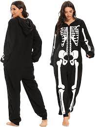Photo 1 of Takuvan Unisex Skeleton Costume Onesie Women and Men Adult Halloween jumpsuit Plush Pajamas, Cozy One Piece Cosplay Costumes--- xl
