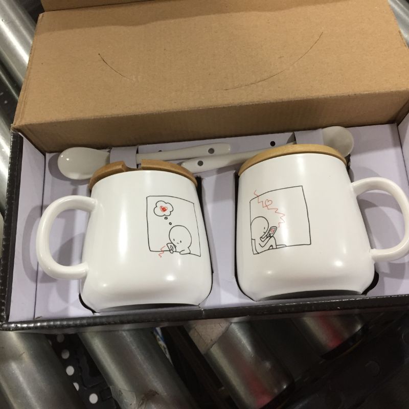Photo 1 of AAI Couple Coffee Mugs-For him and her,Matching Couple,For Anniversary,Girlfriend Boyfriend,Fiance,Husband And Wife,With a Bamboo Lid and Spoon,ceramic coffee mugs,12 Oz,Dishwasher safe
