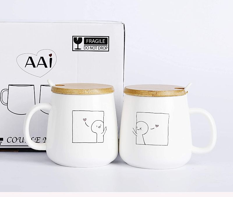 Photo 1 of AAI Couple Coffee Mugs-For him and her,Matching Couple,For Anniversary,Girlfriend Boyfriend,Fiance,Husband And Wife,With a Bamboo Lid and Spoon,ceramic coffee mugs,12 Oz,Dishwasher safe
