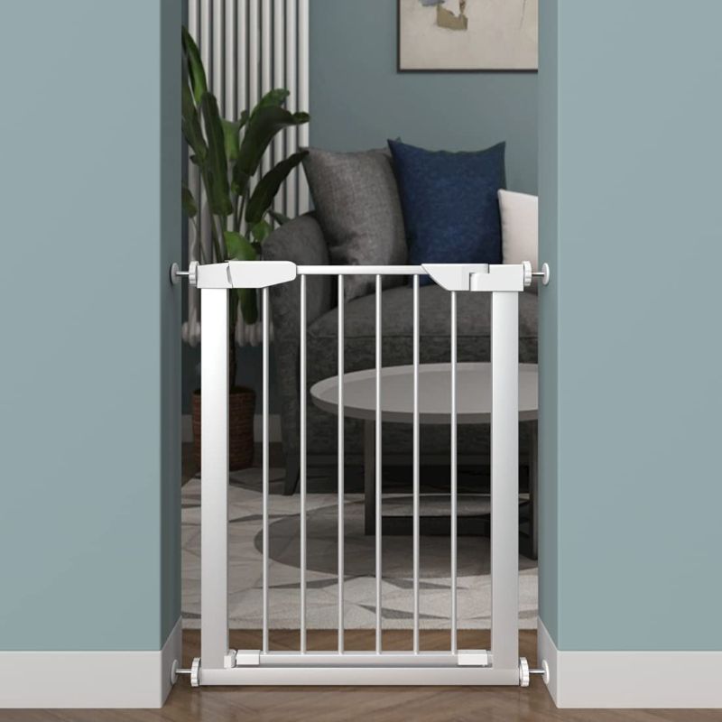 Photo 1 of ALLAIBB Walk Through Baby Gate Auto Close Tension White Metal Child Pet Safety Gates with Pressure Mount for Stairs,Doorways and Kitchen 25.59-28.35 in (White, 25.59"-28.35")
