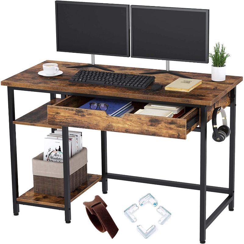 Photo 1 of Rolanstar Computer Desk with Shelves and Drawer, 47" Home Office Writing Desk, Laptop Study Table Workstation, Stable Metal Frame... Black...
