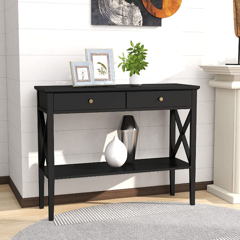 Photo 1 of ChooChoo Oxford Console Table with 2 Drawers, Sofa Table Narrow for Entryway, Black