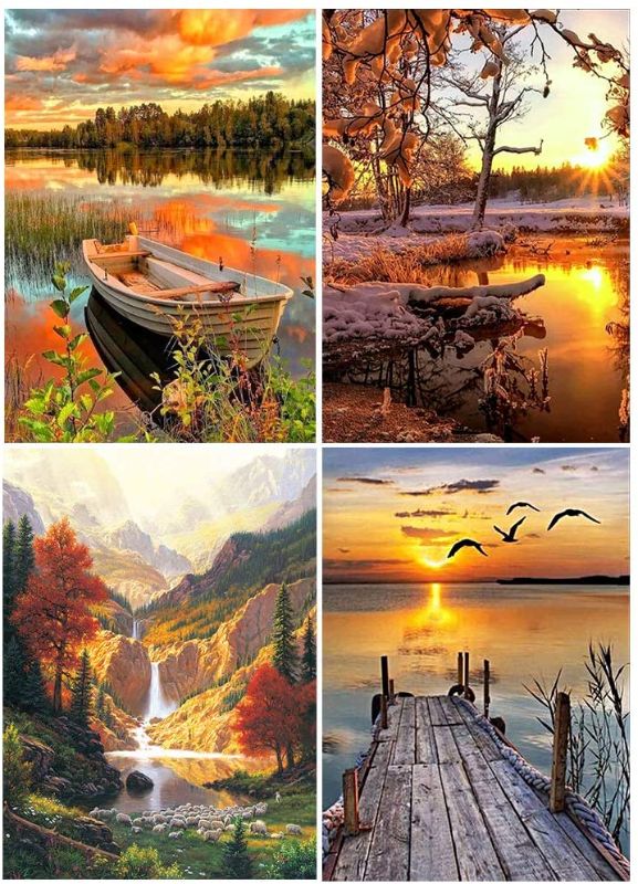 Photo 1 of ldab Diamond Painting by Number Kits, DIY 5D Full Drill Arts Craft for Adults Art Beginner, 11.8" W x 15.7" L Crystal Rhinestone Canvas Paintings Indoor Home Wall Decor 4 Pack-Landscape Style