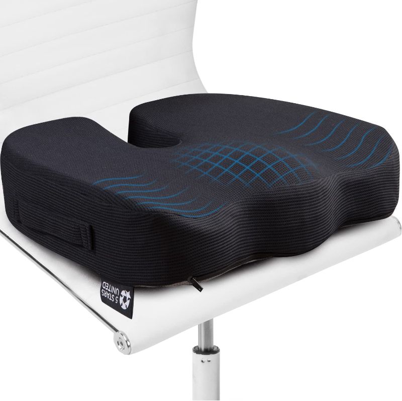 Photo 1 of Seat Cushion Pillow for Office Chair - 100% Memory Foam Firm Coccyx Pad - Tailbone, Sciatica, Lower Back Pain Relief - Contoured Posture Corrector for Car, Wheelchair, Computer and Desk Chair