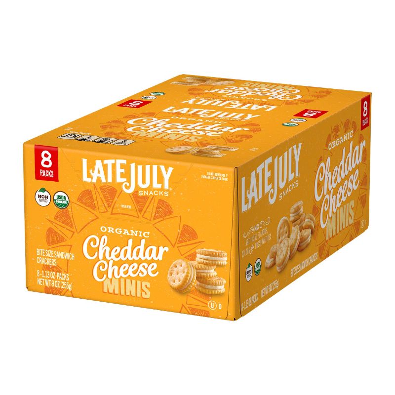 Photo 1 of LATE JULY Organic Mini White Cheddar Cheese Sandwich Crackers, 8 Count Box of 1.125 Ounce Pouches (Pack of 4)
