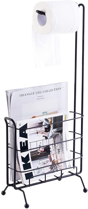 Photo 1 of Basicwise QI003489 Metal Toilet Paper Holder with Magazine Rack, Measurements: 10. 25" w x 6" d x 22. 75" h, Black