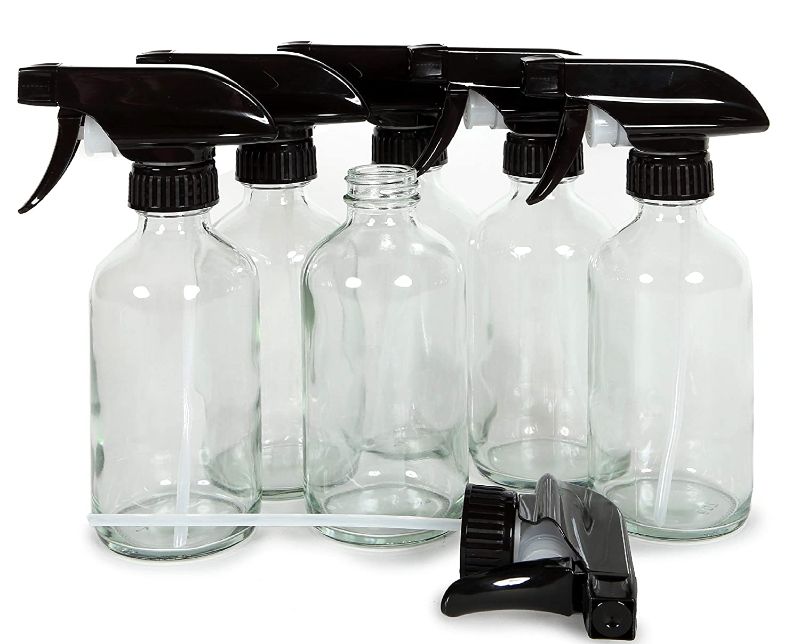 Photo 1 of  6, Large, 8 oz, Empty, Clear, Glass Spray Bottles with Black Trigger Sprayers
