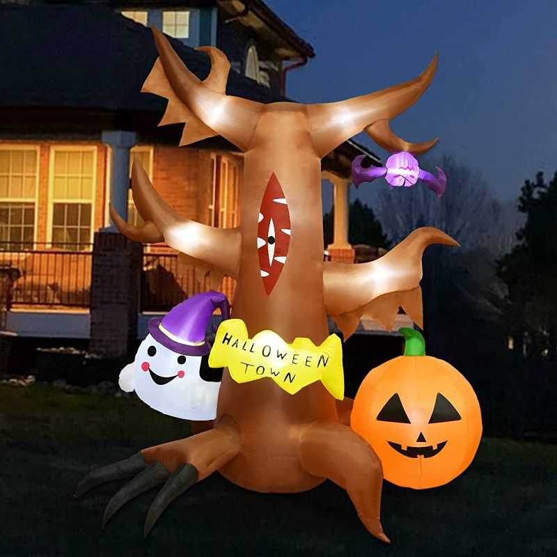 Photo 1 of 8 Ft Halloween Inflatables Outdoor Decorations, Dead Tree with White Ghost, Pumpkin and Owl Blow up Halloween Outside Decorations Clearance for Party, Archway, Yard, Garden, and Lawn
