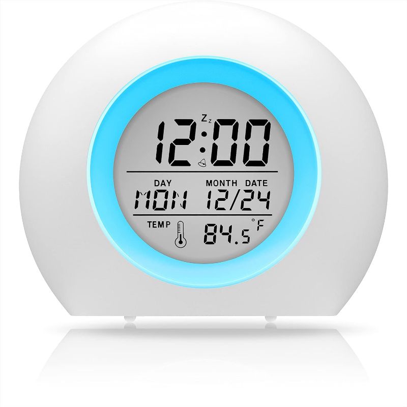 Photo 1 of Bedroom Children's Digital Alarm Clock, 7-Color Night Light, Wake-up Light Alarm Clock with Snooze Function, Multifunctional Alarm Clock Suitable for re-Sleeping and Body Temperature Detection
