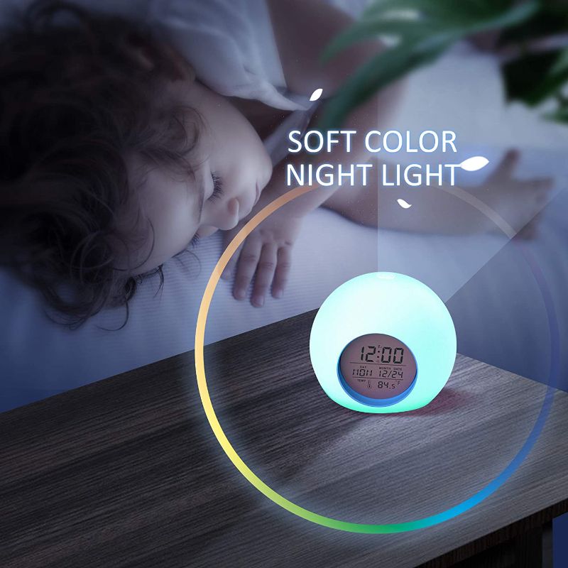 Photo 2 of Bedroom Children's Digital Alarm Clock, 7-Color Night Light, Wake-up Light Alarm Clock with Snooze Function, Multifunctional Alarm Clock Suitable for re-Sleeping and Body Temperature Detection
