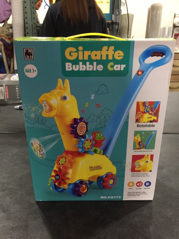 Photo 2 of Giraffe Bubble Mower, Bubble Machine for Kids Toddlers Automatic Bubble Blower Anti-Leak Bubble Maker Lawn Game Include Bubble Wand Outdoor Push Toy Music Light Projector Baby Walker-3 Bubble Solution
