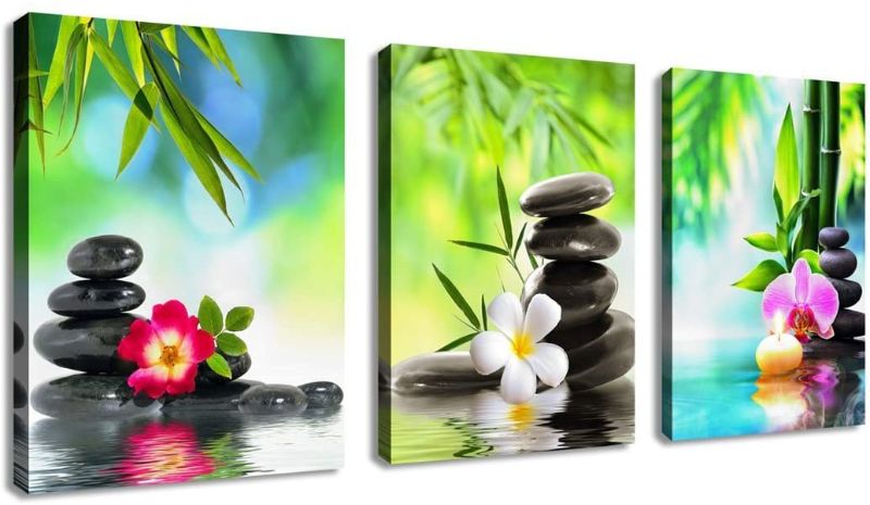Photo 1 of Zen Wall Art Canvas Art Decor SPA Stone Green Bamboo Pink Waterlily Frangipani Pictures Modern Canvas Artwork Contemporary Spa Zen for Home Office Kitchen Bathroom Framed Green 12" x 16" 3 Pieces
