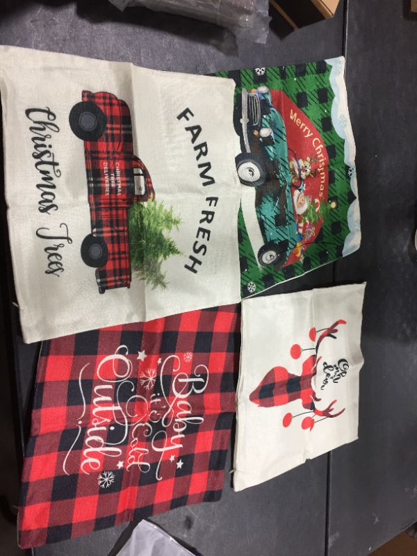 Photo 1 of BININBOX Christmas Pillow Covers 4 Set 18x18 Inches Linen Christmas Decoration Throw Pillow Covers Red Buffalo Plaid Red Truck Green Plaid Santa Deer Cushion Pillowcase