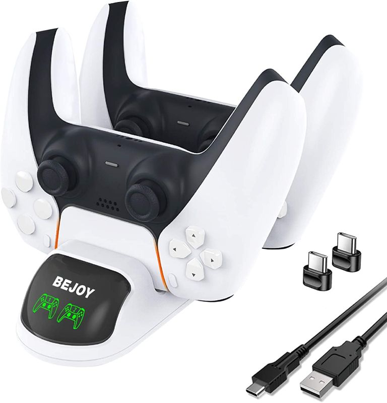Photo 1 of Newest PS5 DualSense Controller Charging Station, BEJOY Dual USB Type C PS5 Controller Charger with LED Indicator, Charging Dock for Playstation 5 / PS5/ Controller, White