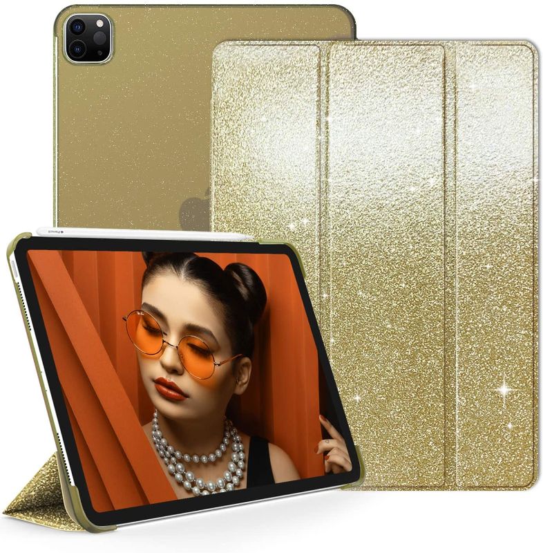 Photo 1 of ZoneFoker Case for iPad Pro 11 inch 1st/2nd/3rd/ Generation 2021/2020/2018, Smart Slim Lightweight Glitter Folio Cover with Trifold Stand Translucent Clear Back for Girls/Women (Gold)