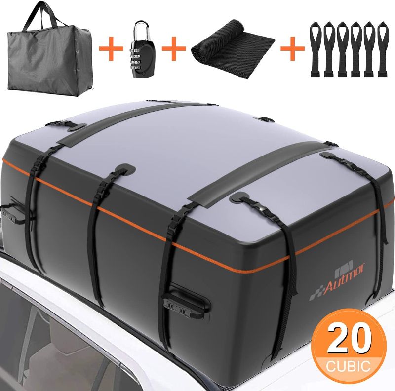 Photo 1 of AUTMOR Rooftop Cargo Carrier, Cargo Carrier for Top of Vehicle, 20 Cubic Feet Roof Rack Cargo Carrier with Anti-Slip Mat, 10 Reinforced Straps and 6 Door Hooks Fits All Cars with/Without Rack(Black)
