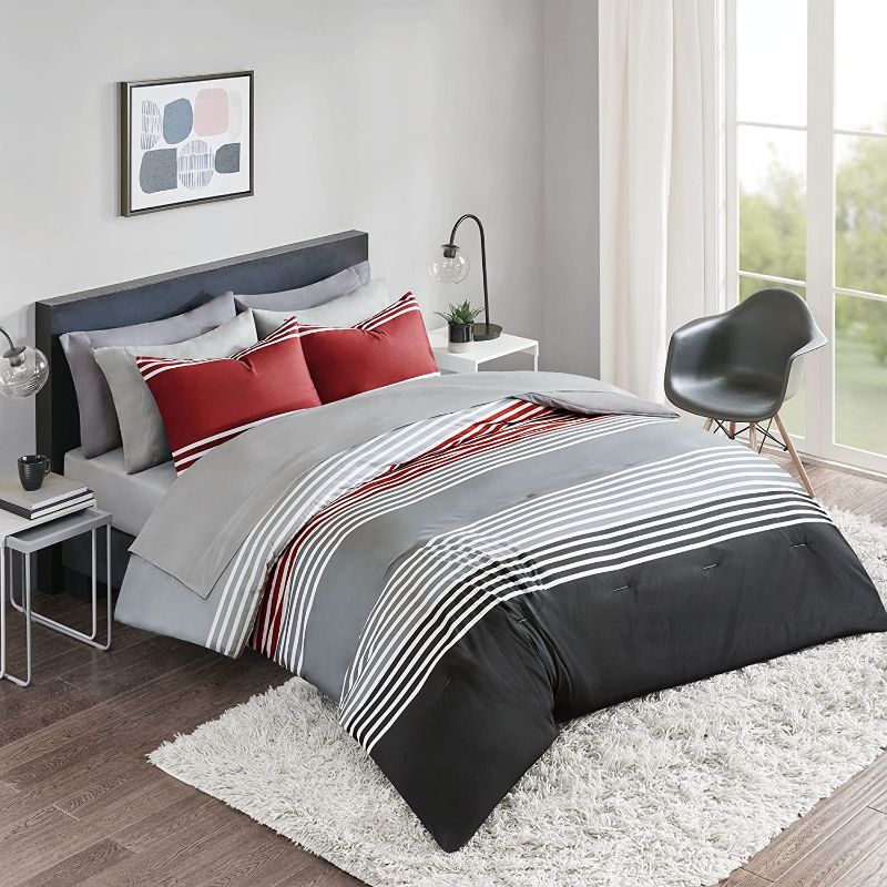 Photo 1 of Comfort Spaces Bed in A Bag Comforter Set - College Dorm Room Essentials, Complete Dormitory Bedroom Pack And Sheet with 2 Side Pockets, Queen, Colin Red/Grey 9 Piece
