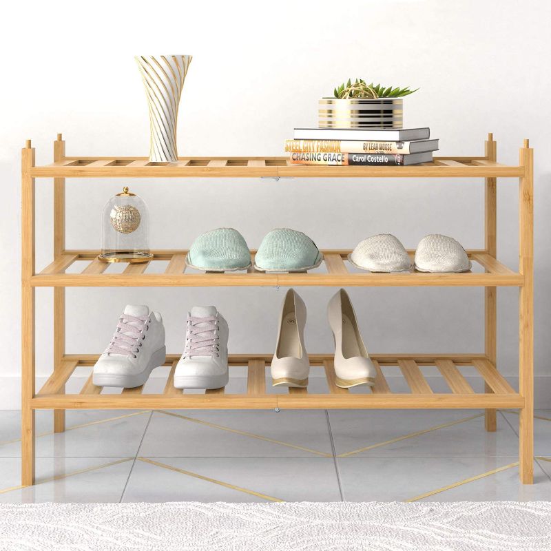 Photo 1 of 3-Tier Shoe Rack,Bamboo Stackable Shoe shelf Storage Organizer For Entryway, Hallway, and Closet